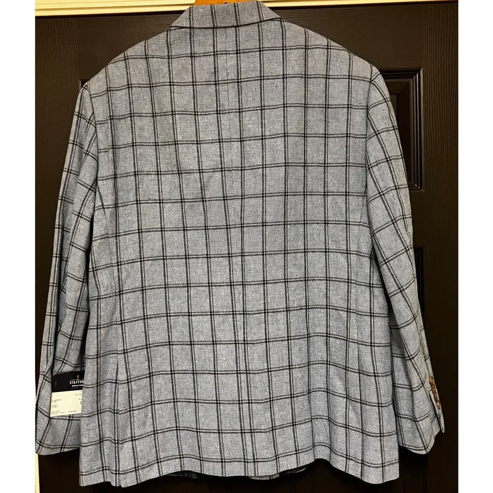 Stafford‎ Signature Mens Sport Coat 46 Short Blue Windowpane Linen Blend NWT